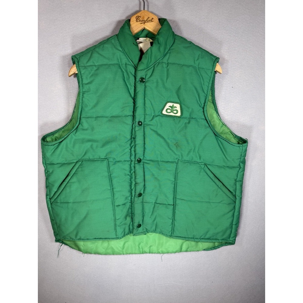 Vtg Pioneer Feeds Mens XL Green Puffer Vest Snap Carpenter Uniform Des Moines IA